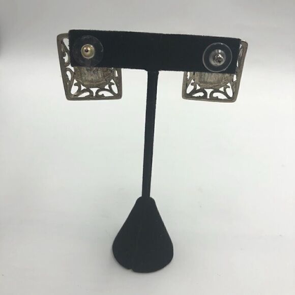 Vintage Bali Style Silver Tone Square Statement Necklace and Pierced Earring Set - Picture 8 of 16